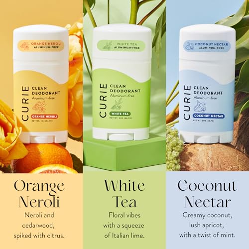 Curie Natural Deodorant for Women – Original 3-Pack (Coconut Nectar, Orange Neroli, White Tea) – Aluminum Free, Vegan