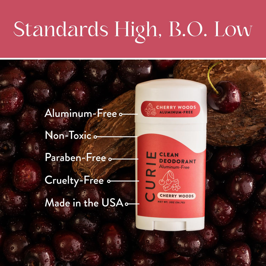 Curie Natural Deodorant Aluminum Free - Cherry Woods Stick & Mini - Travel Size (2 Pack)