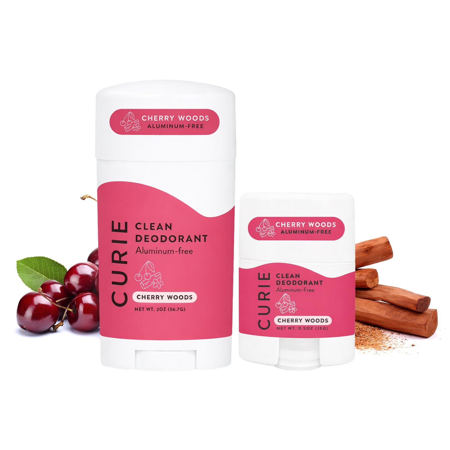 Curie Natural Deodorant Aluminum Free - Cherry Woods Stick & Mini - Travel Size (2 Pack)