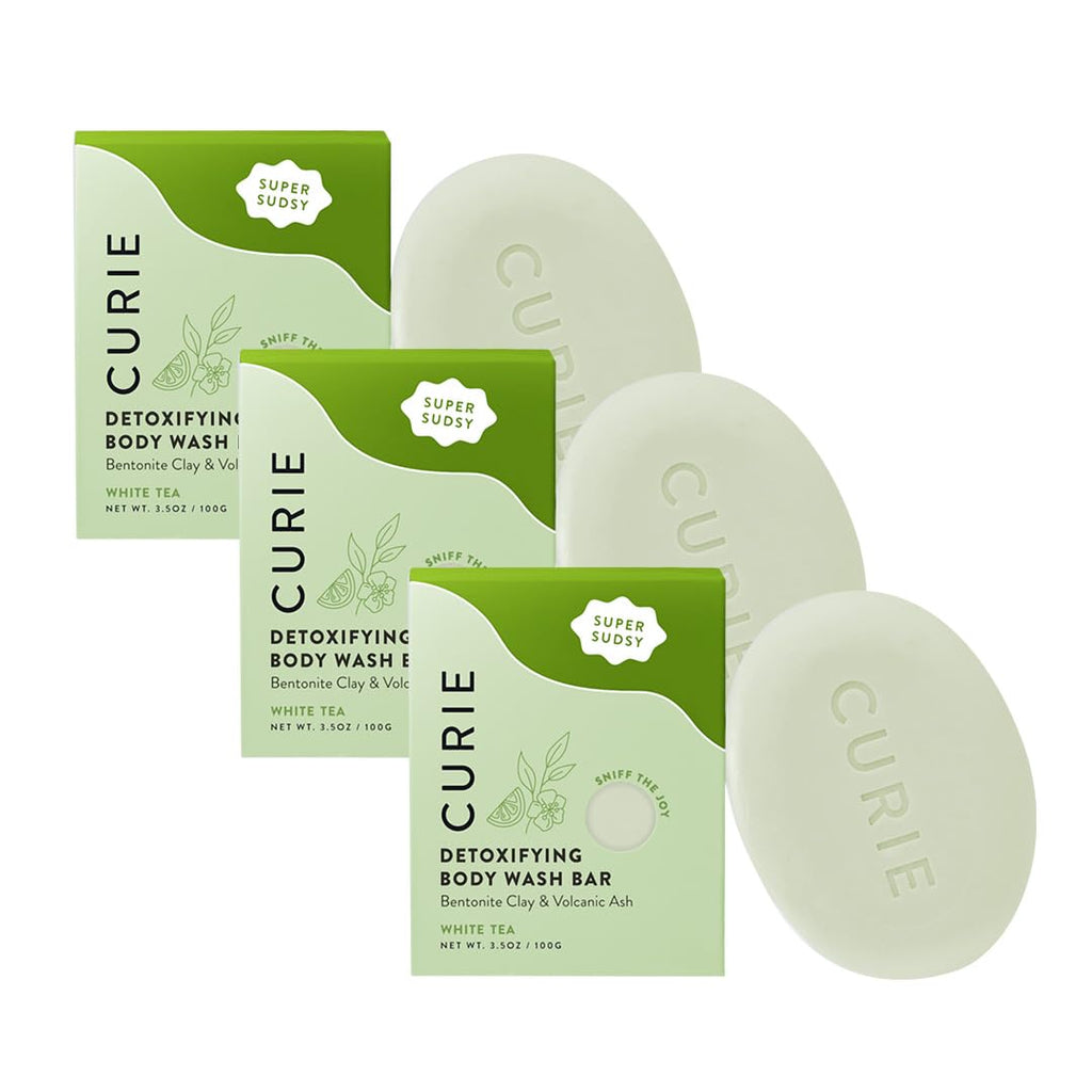 Curie White Tea Detoxifying Body Wash Bar – Bentonite Clay & Volcanic Ash, Sulfate-Free, 3PK