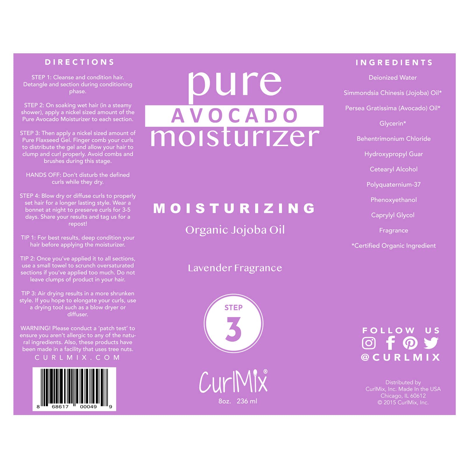 CurlMix Organic Moisturizer for Curly Hair with Avocado & Jojoba – Lavender (8 fl oz)