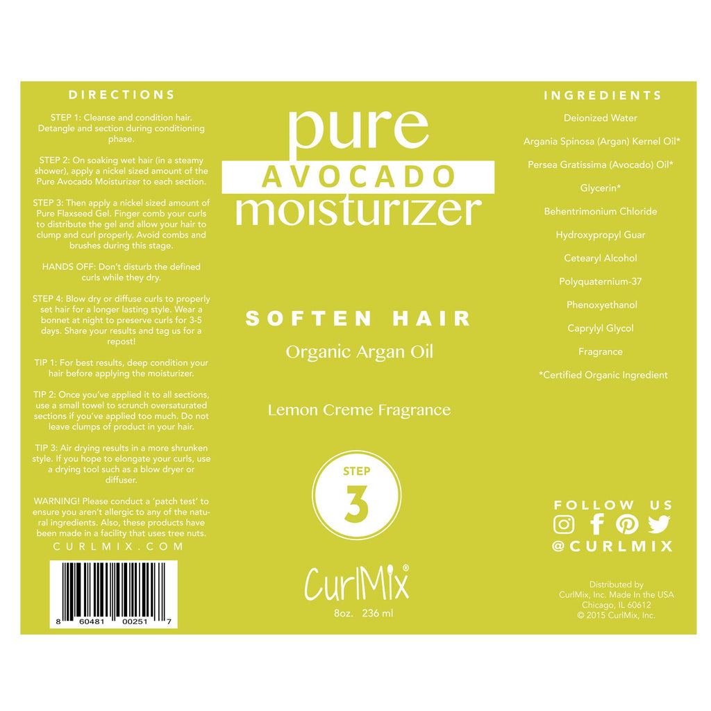 CurlMix Organic Moisturizer for Curly Hair with Avocado & Argan Oil – Softens, Lemon Creme – 8 fl oz