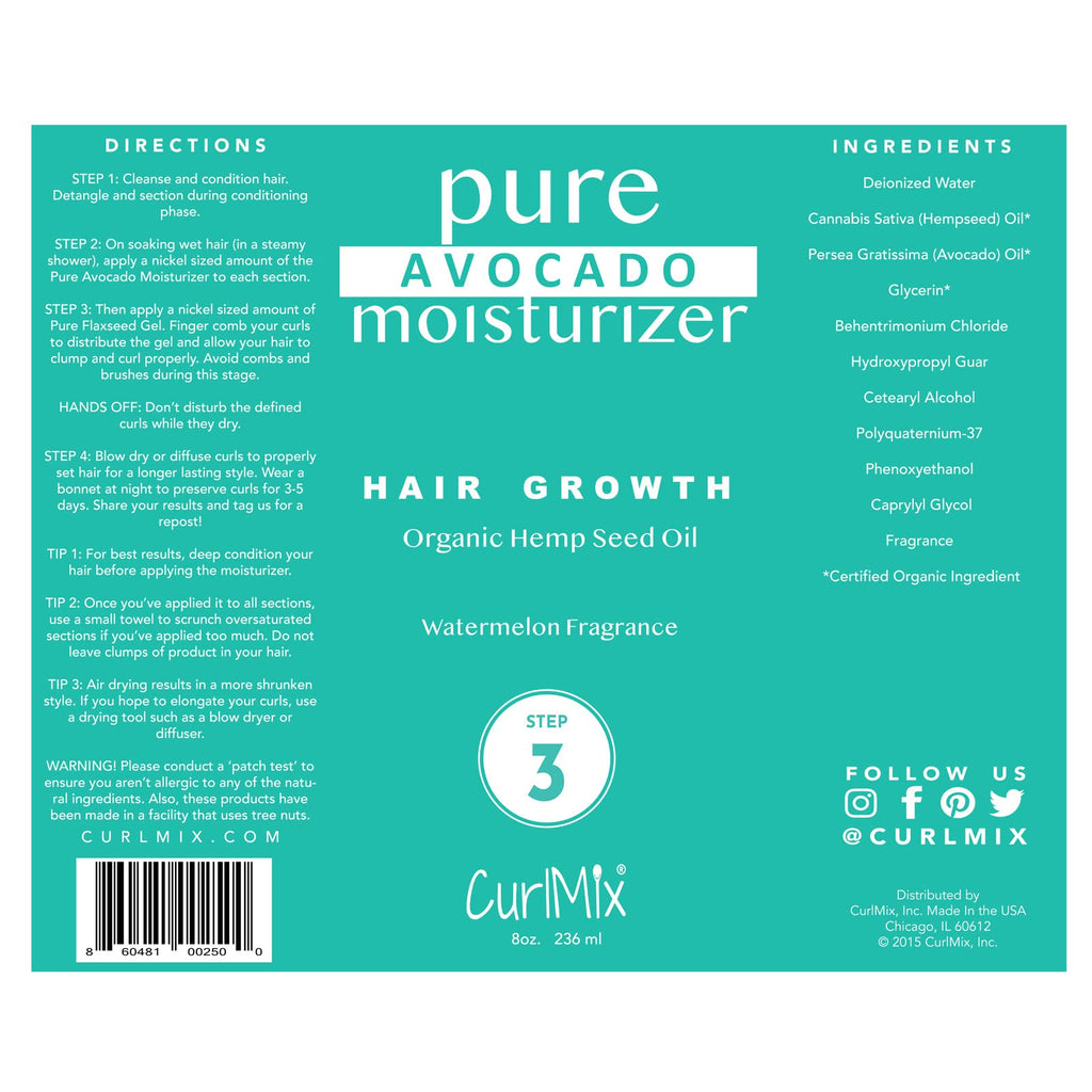 CurlMix Organic Moisturizer for Curly Hair – Avocado & Hempseed Oil, Watermelon, 8 oz – Promotes Hair Growth