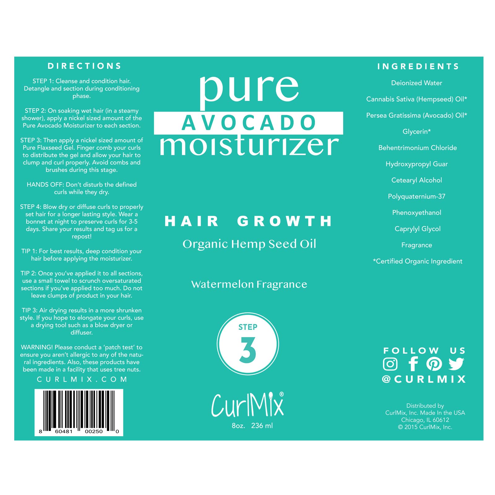 CurlMix Organic Moisturizer for Curly Hair – Avocado & Hempseed Oil, Watermelon, 8 oz – Promotes Hair Growth