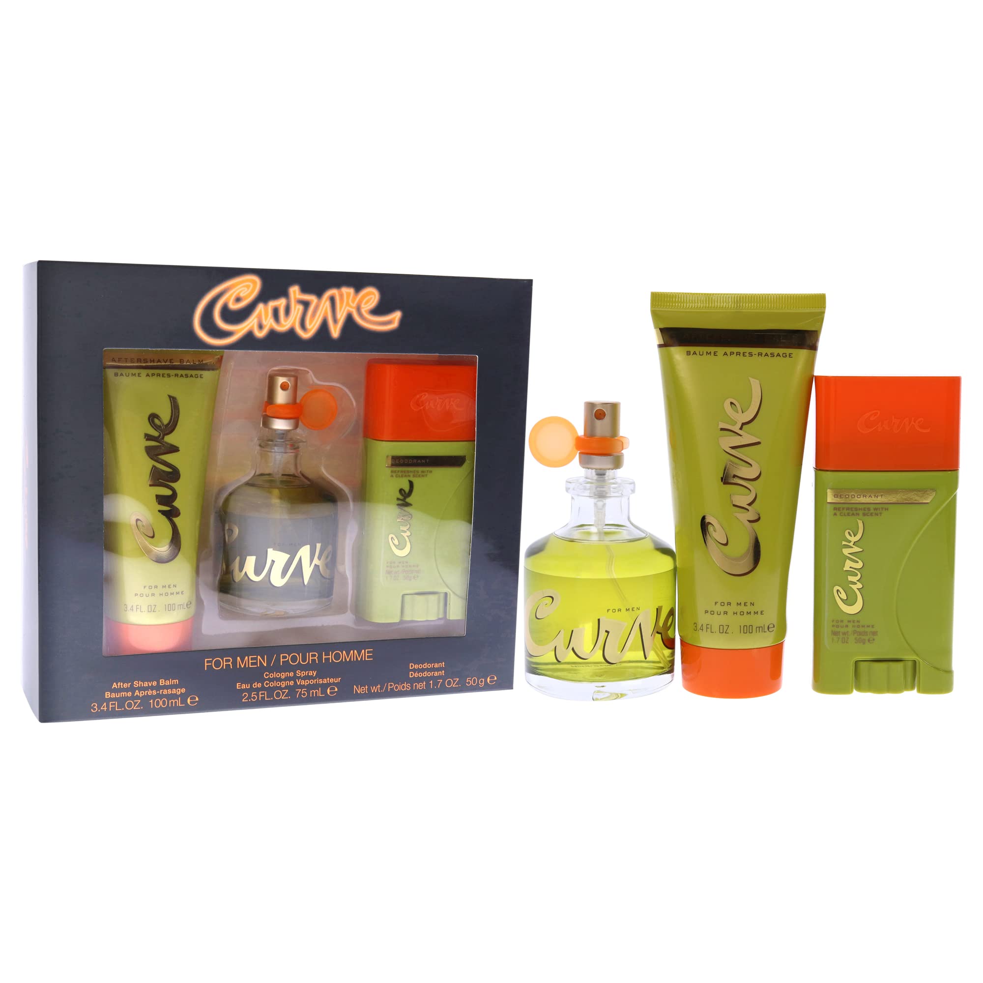 Curve Curve for Men 3-Piece Gift Set – 2.5 fl oz Eau de Cologne, Aftershave & Deodorant