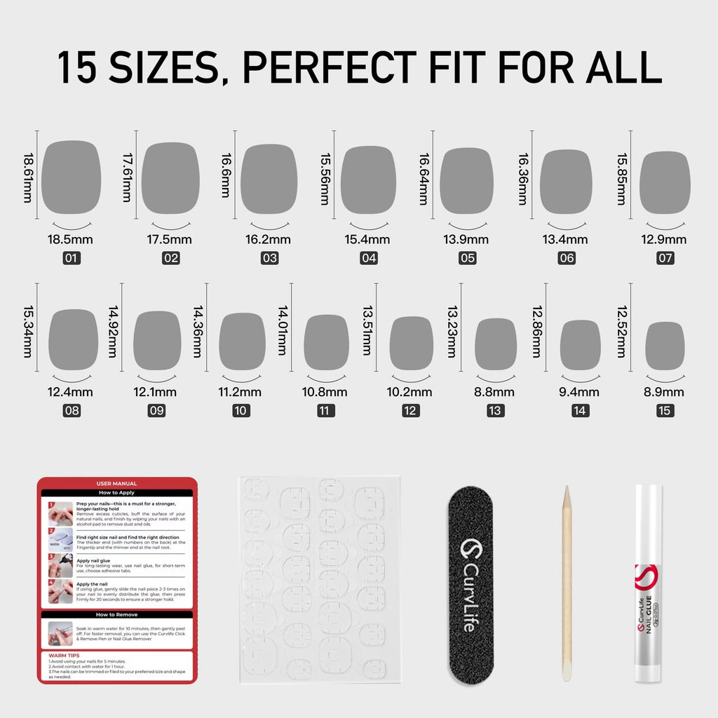 Curvlife Press on Nails Short – Wine Red Design, Acrylic Square Full Cover Kit