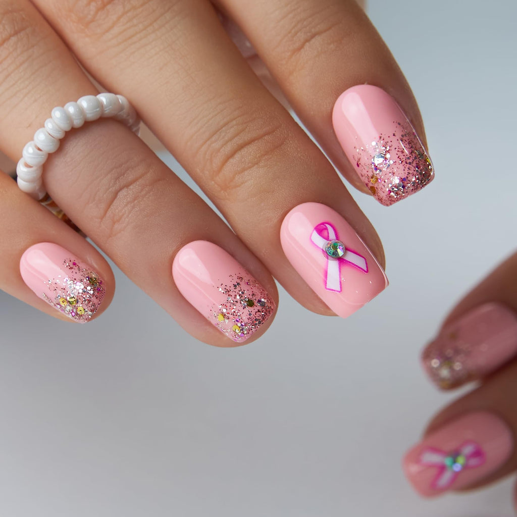 Curvlife Press On Nails Medium Square Pink – Breast Cancer Ribbon Gel Nail Kit