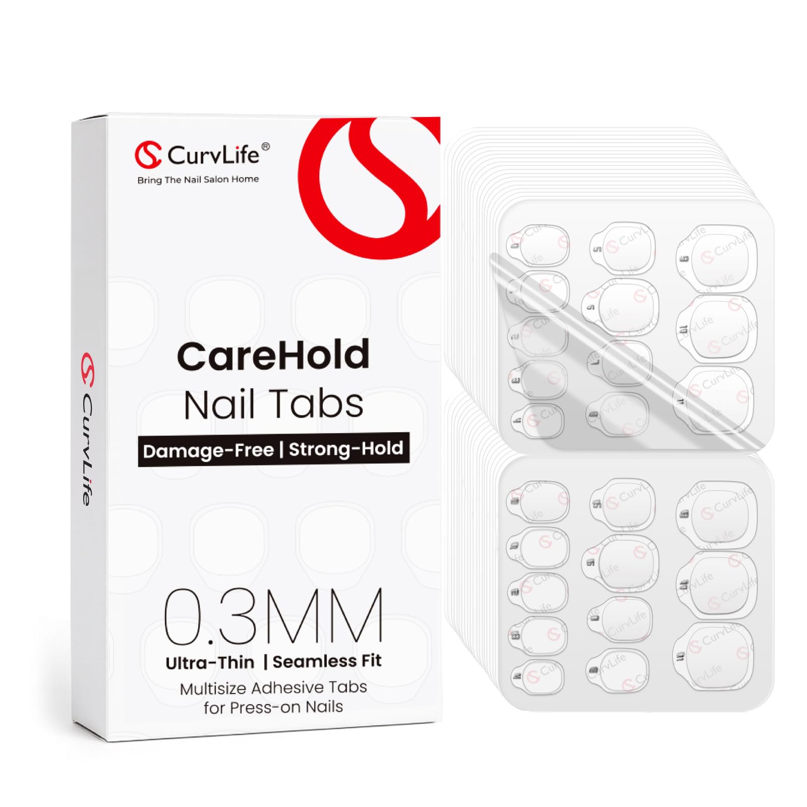 Curvlife CareHold Nail Adhesive Tabs – 0.3mm Ultra Thin, 20 Sheets, 12 Sizes, Waterproof & Gentle Removal