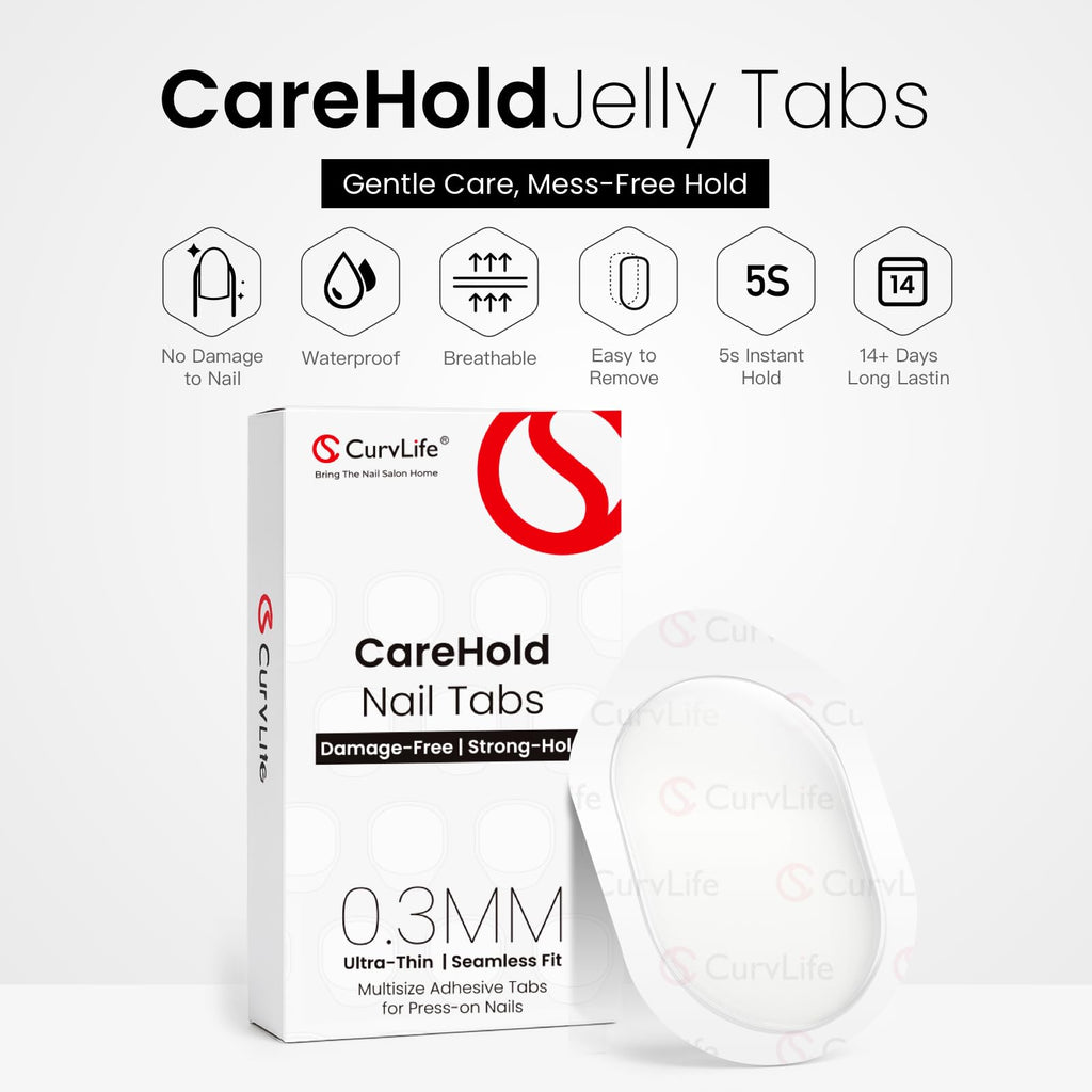 CurvLife CareHold Pro Nail Adhesive Tabs – Extra Wide 0.3mm Ultra Thin, 10 Sheets, 15 Sizes, Clear
