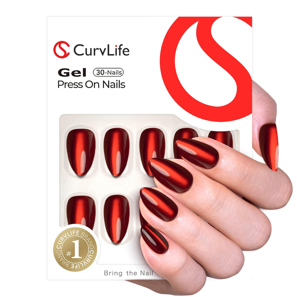Curvlife Soft Gel Almond Press On Nails – Reusable Cat Eye Red Strip, Natural Fit Medium, Salon-Quality UV Finish