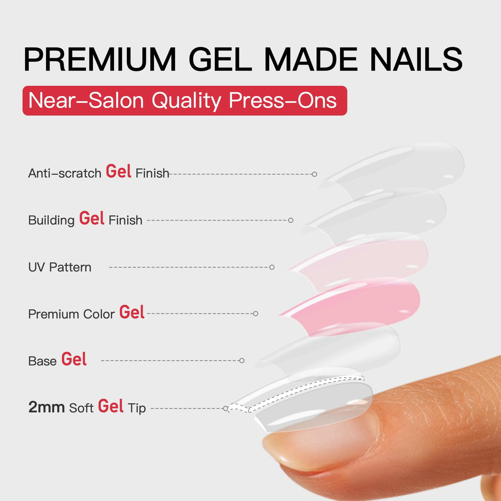 Curvlife Soft Gel Press-On Nails – Bright Pink Full Cover Kit with Glue & Tabs