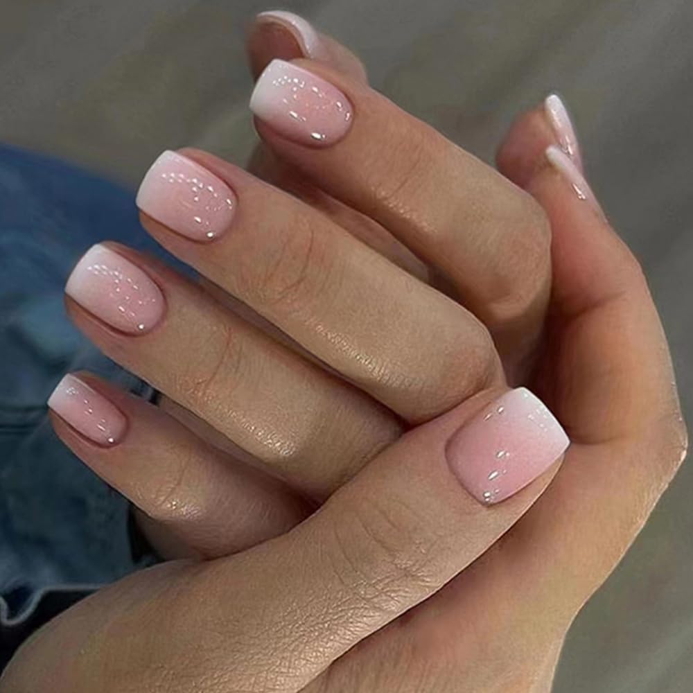 CurvLife Short Square Press-On Nails – Beige, White & Pink Apricot Design | Glossy Nude Full Cover Nails