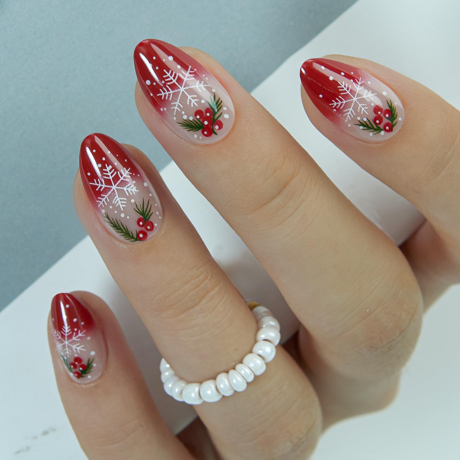 CurvLife Soft Gel Press On Nails – Red French Snowflake, Reusable, Natural Fit, UV Gloss Finish