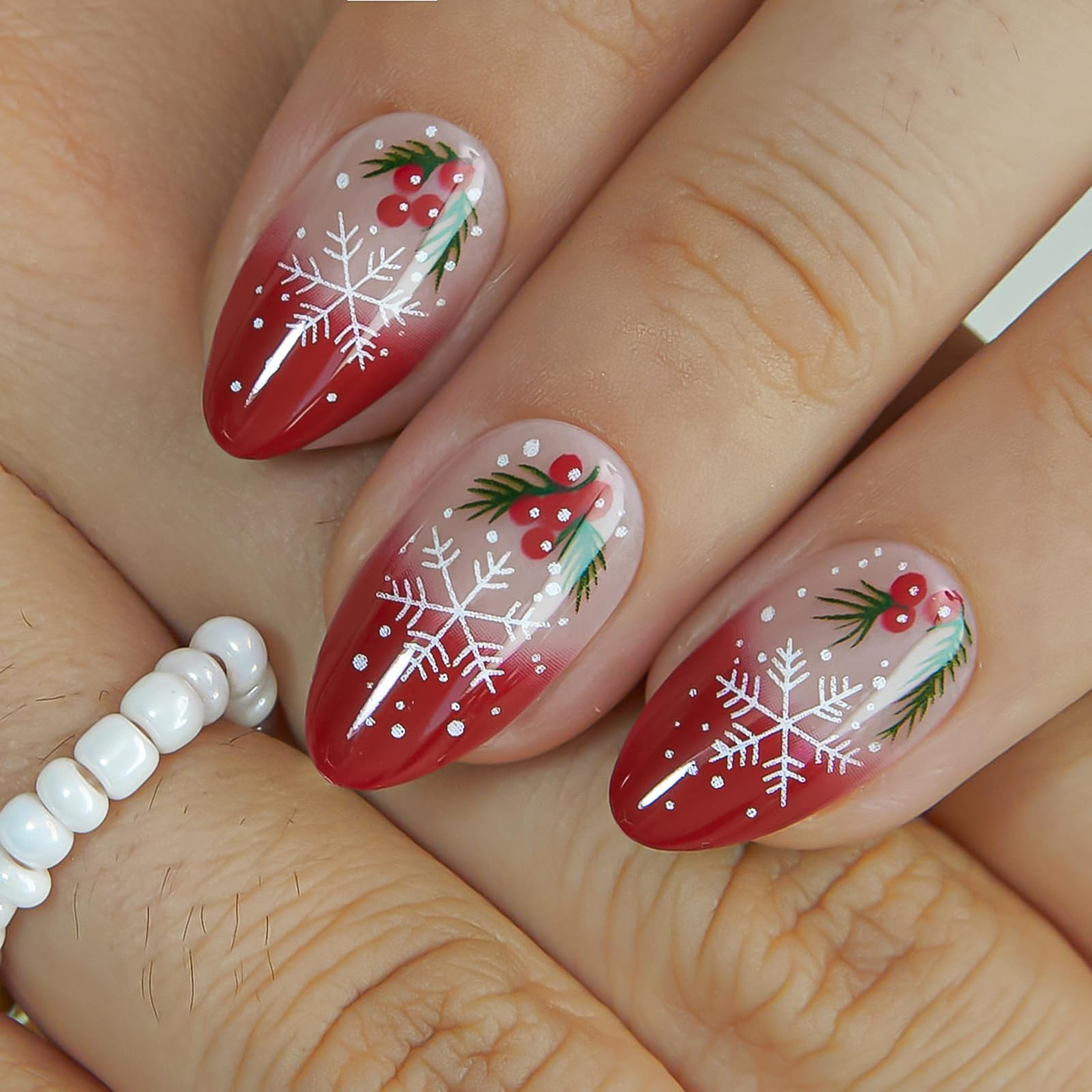 CurvLife Soft Gel Press On Nails – Red French Snowflake, Reusable, Natural Fit, UV Gloss Finish