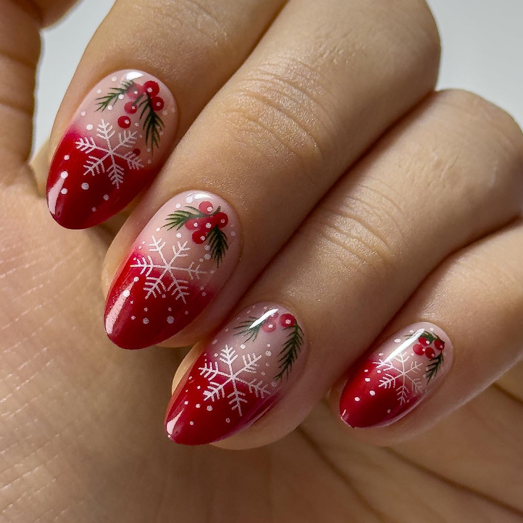 CurvLife Soft Gel Press On Nails – Red French Snowflake, Reusable, Natural Fit, UV Gloss Finish