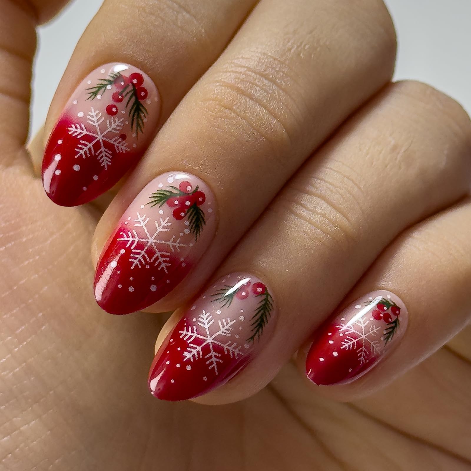 CurvLife Soft Gel Press On Nails – Red French Snowflake, Reusable, Natural Fit, UV Gloss Finish