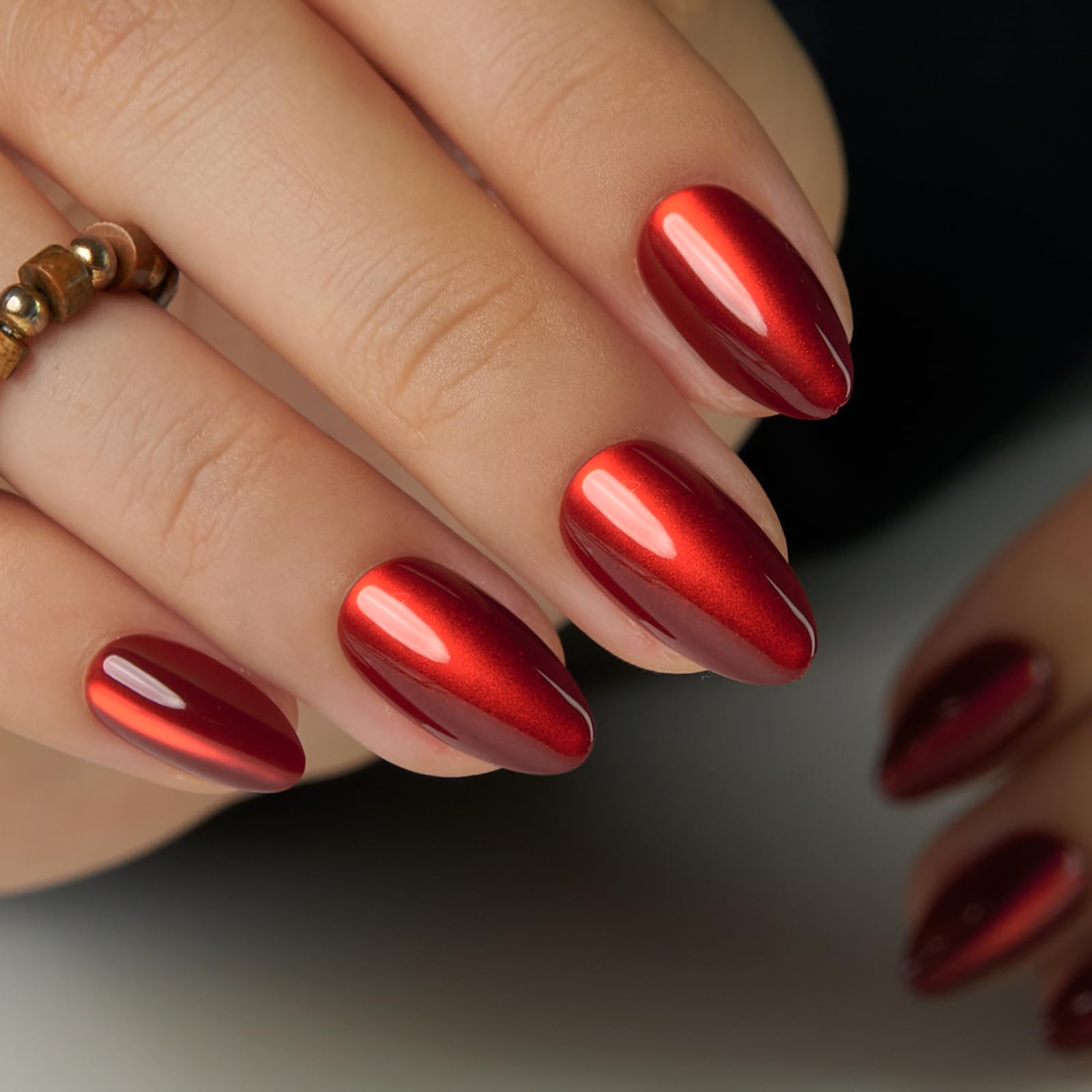 Curvlife Soft Gel Almond Press On Nails – Reusable Cat Eye Red Strip, Natural Fit Medium, Salon-Quality UV Finish