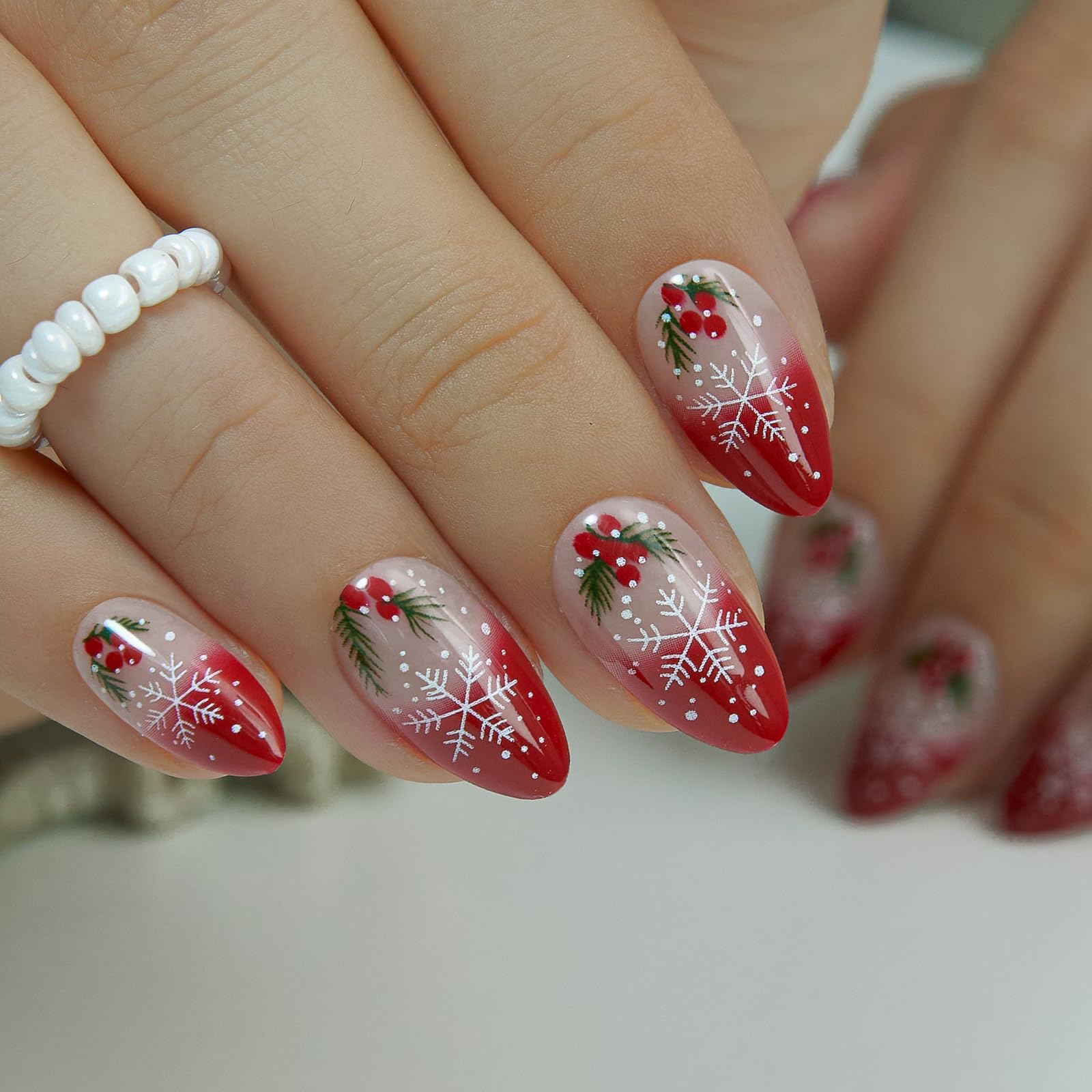 CurvLife Soft Gel Press On Nails – Red French Snowflake, Reusable, Natural Fit, UV Gloss Finish