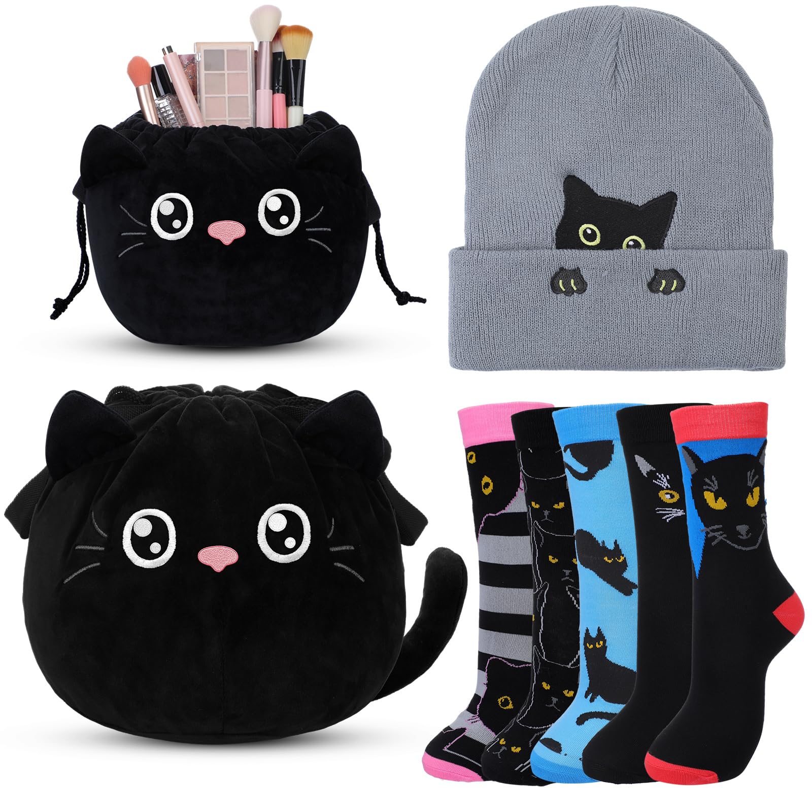 Cutecrop 7-Piece Black Cat Christmas Gift Set for Women | Beanie, Socks & Cosmetic Bag