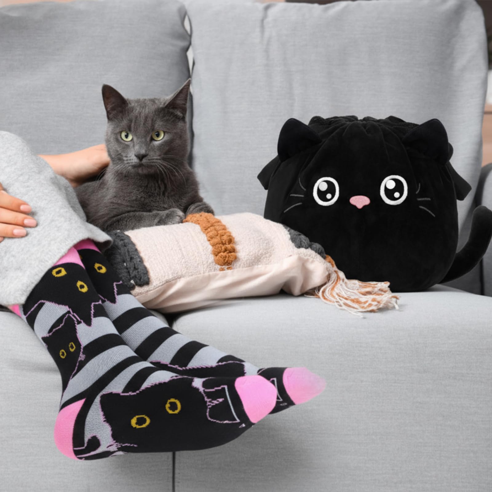 Cutecrop 7-Piece Black Cat Christmas Gift Set for Women | Beanie, Socks & Cosmetic Bag