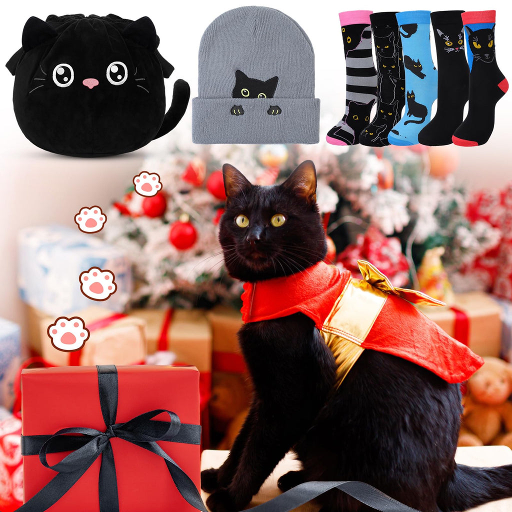 Cutecrop 7-Piece Black Cat Christmas Gift Set for Women | Beanie, Socks & Cosmetic Bag