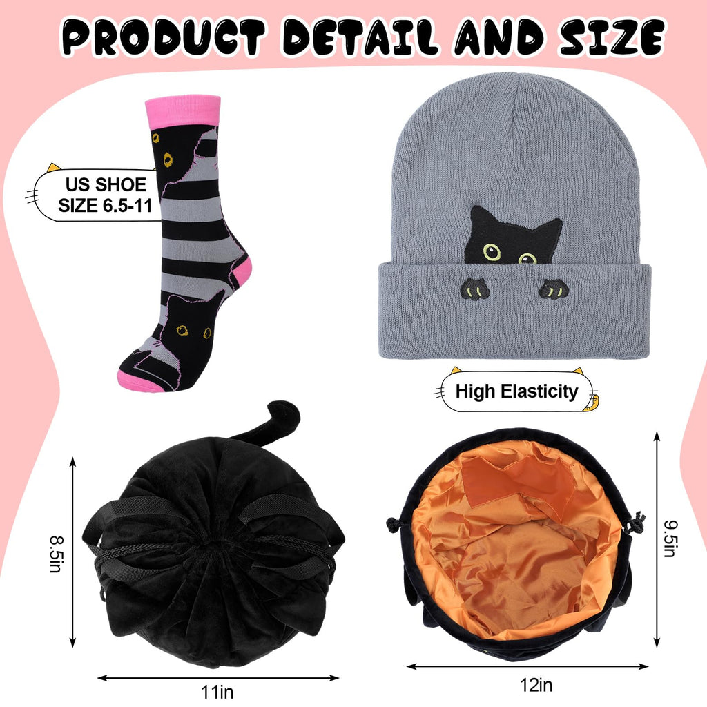 Cutecrop 7-Piece Black Cat Christmas Gift Set for Women | Beanie, Socks & Cosmetic Bag