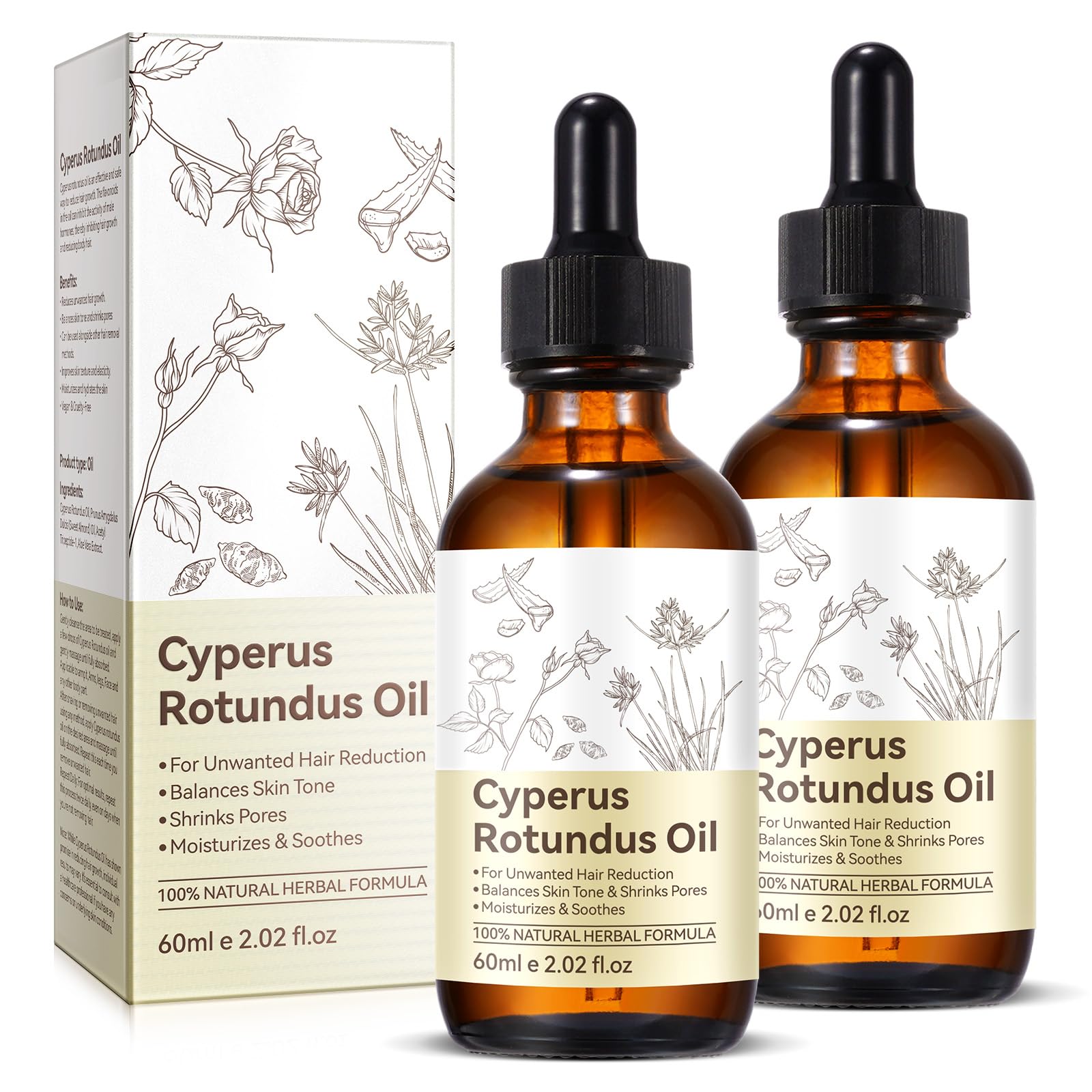 Cyperus Rotundus Oil 2 Pack for Hair Removal - Reduces Body Hair Growth, Moisturizes & Soothes Skin | 4 Fl oz