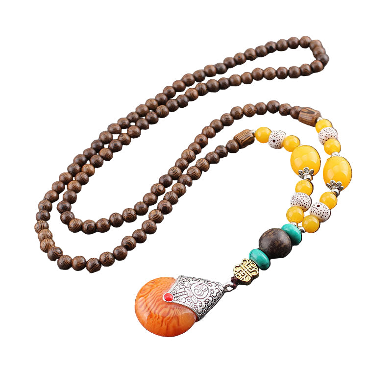 Men’s Ethnic Style Wooden Bead Sweater Chain Necklace
