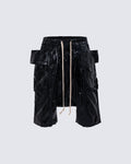 New Glossy Coated Gothic Cargo Denim Shorts