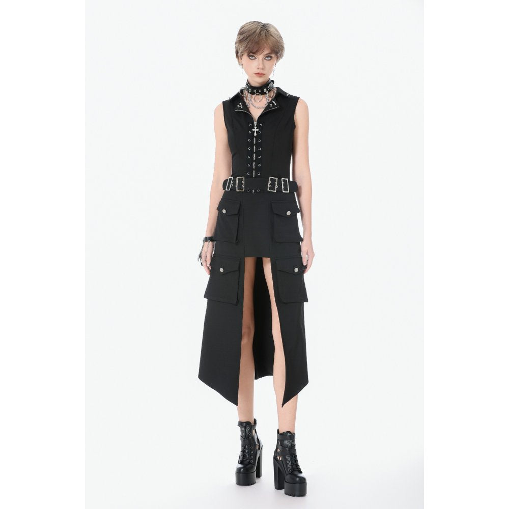 Dark in Love Punk Layered Pocket Cutout Belted Long Skirt
