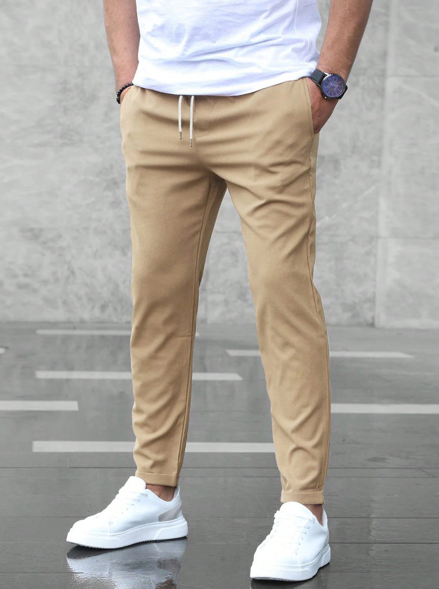 Men's Casual Drawstring Trousers Slim Fit Straight Leg Pants with Pockets Trendy