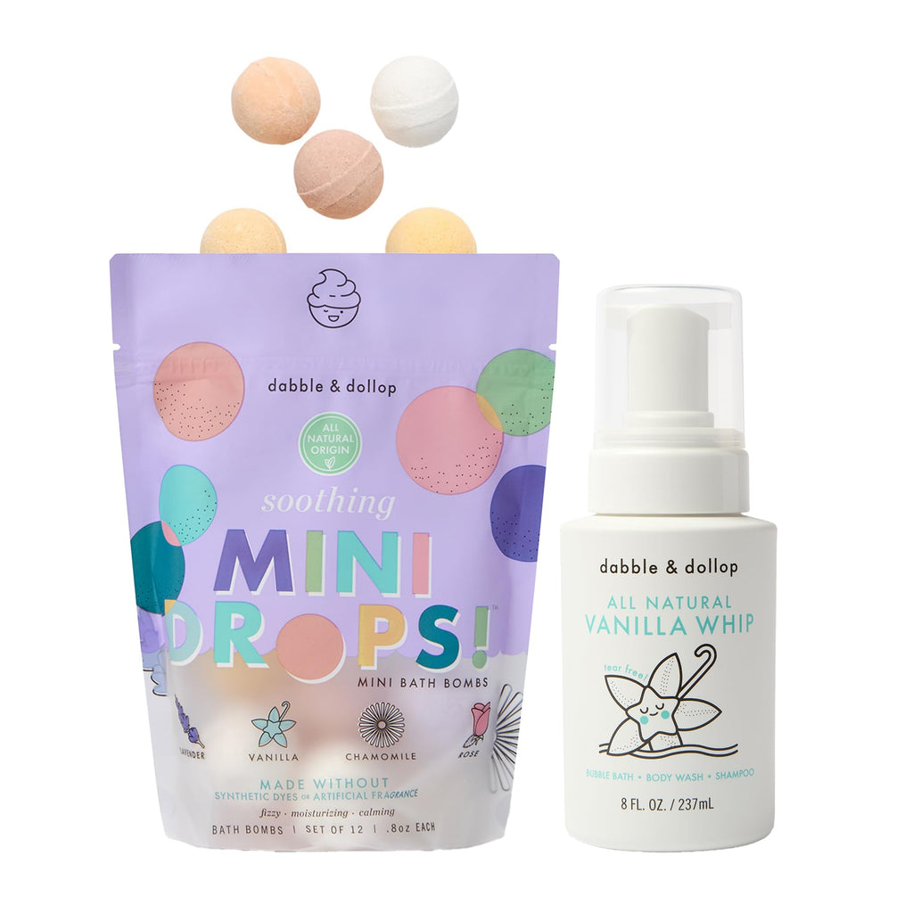 Dabble & Dollop Soothing Mini Bath Bombs + Vanilla 3-in-1 Cleanser for Kids | All-Natural, Vegan, Cruelty-Free (Pack of 2)