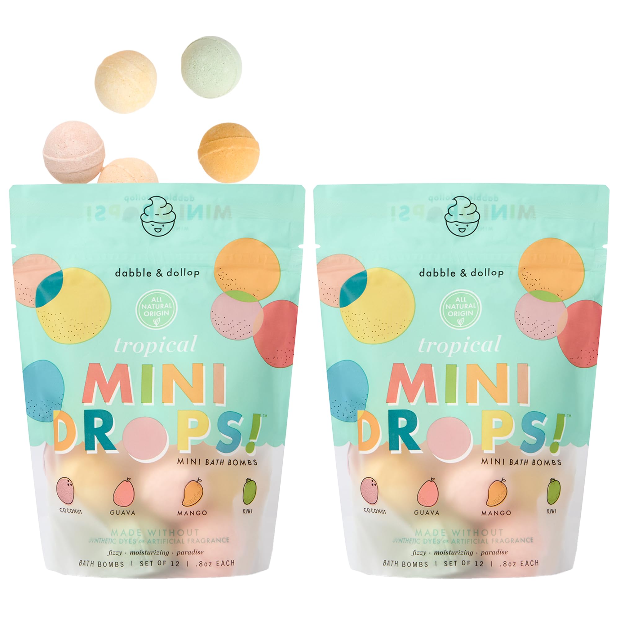 Dabble & Dollop Mini Bath Bombs – 24 Tropical Droplets for Kids, 100% Natural, Vegan & Cruelty-Free