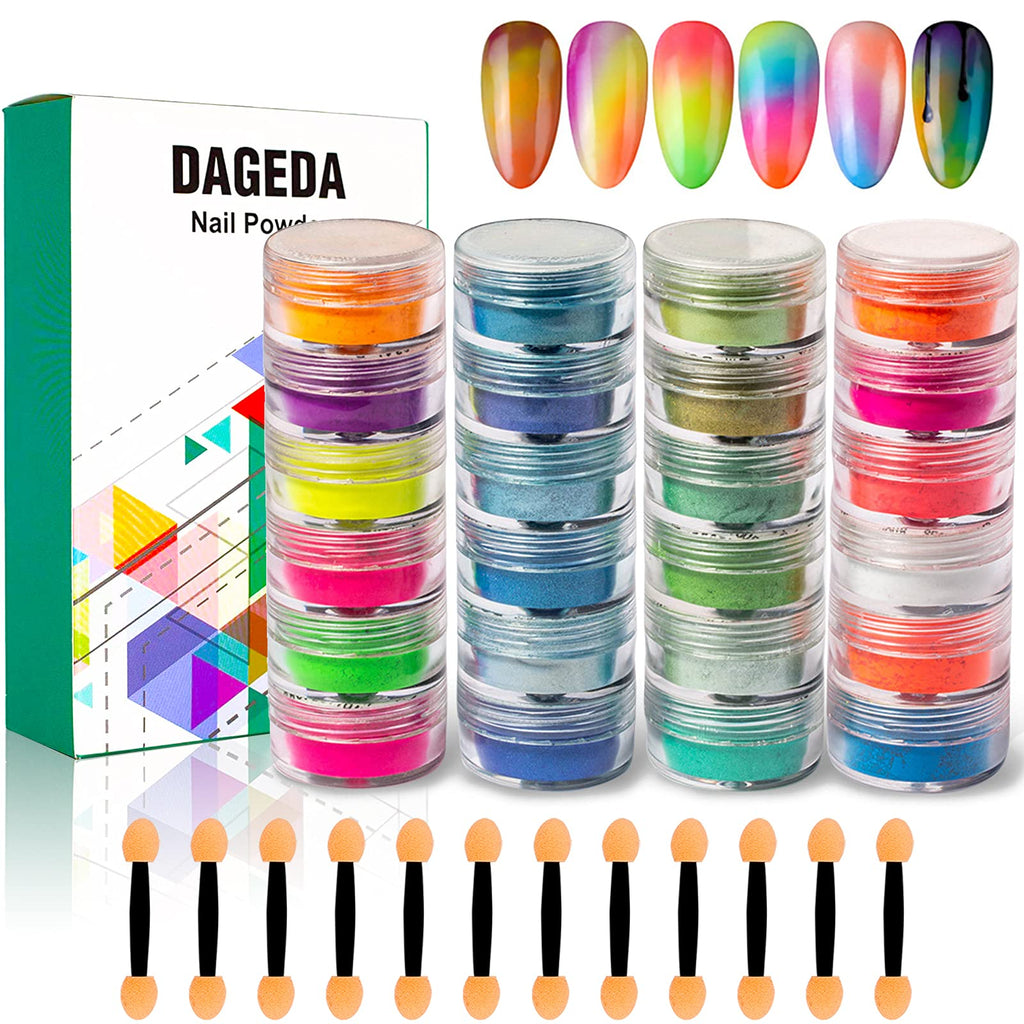 DAGEDA 24 Color Pigment Nail Powder Dust | Iridescent Glitter, Ultrafine Pearlescent Glow for UV Gel, Acrylic, and Nail Art