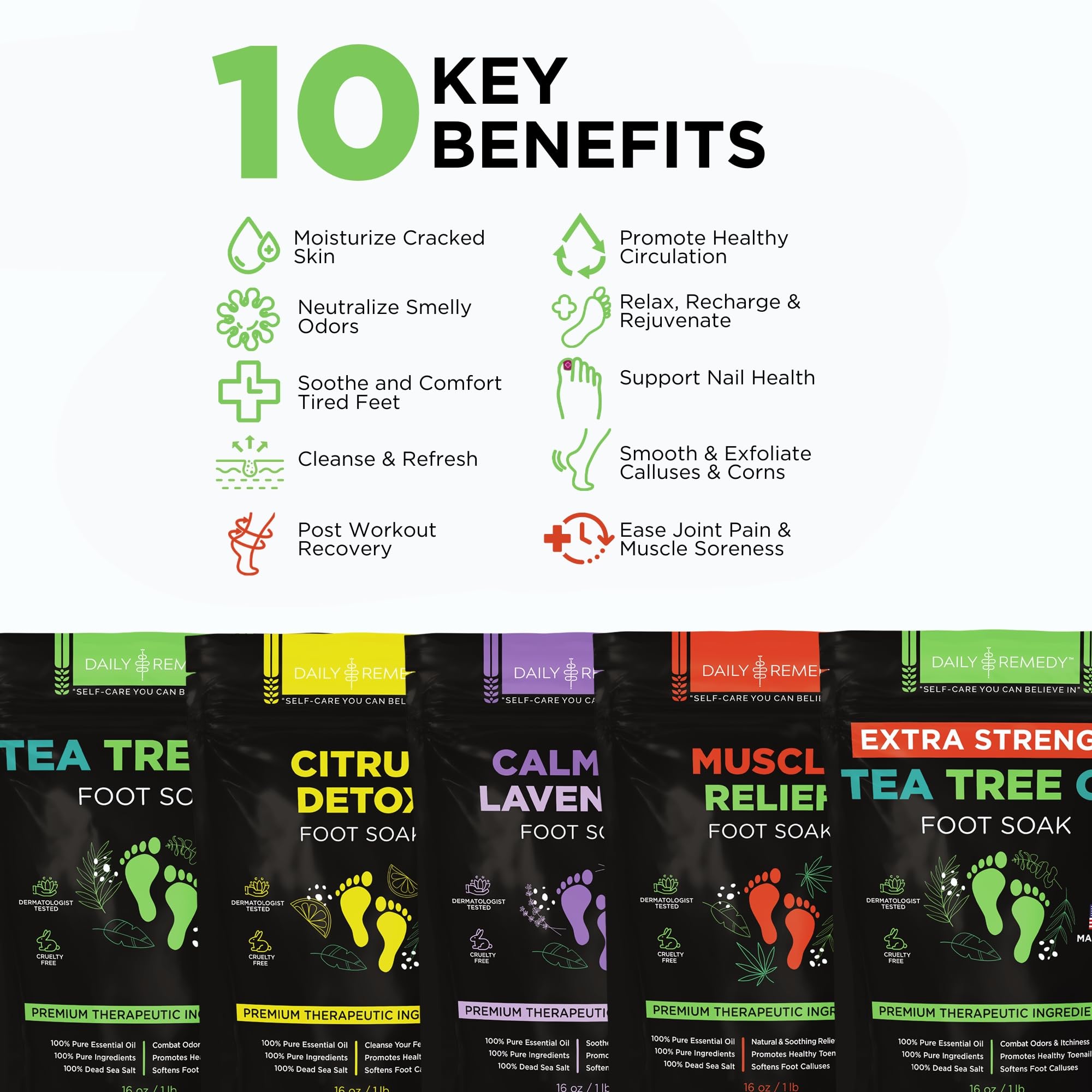 DAILY REMEDY Foot Soak Salts - 4-Pack Variety: Tea Tree, Muscle Relief, Lavender & Citrus | Made in USA