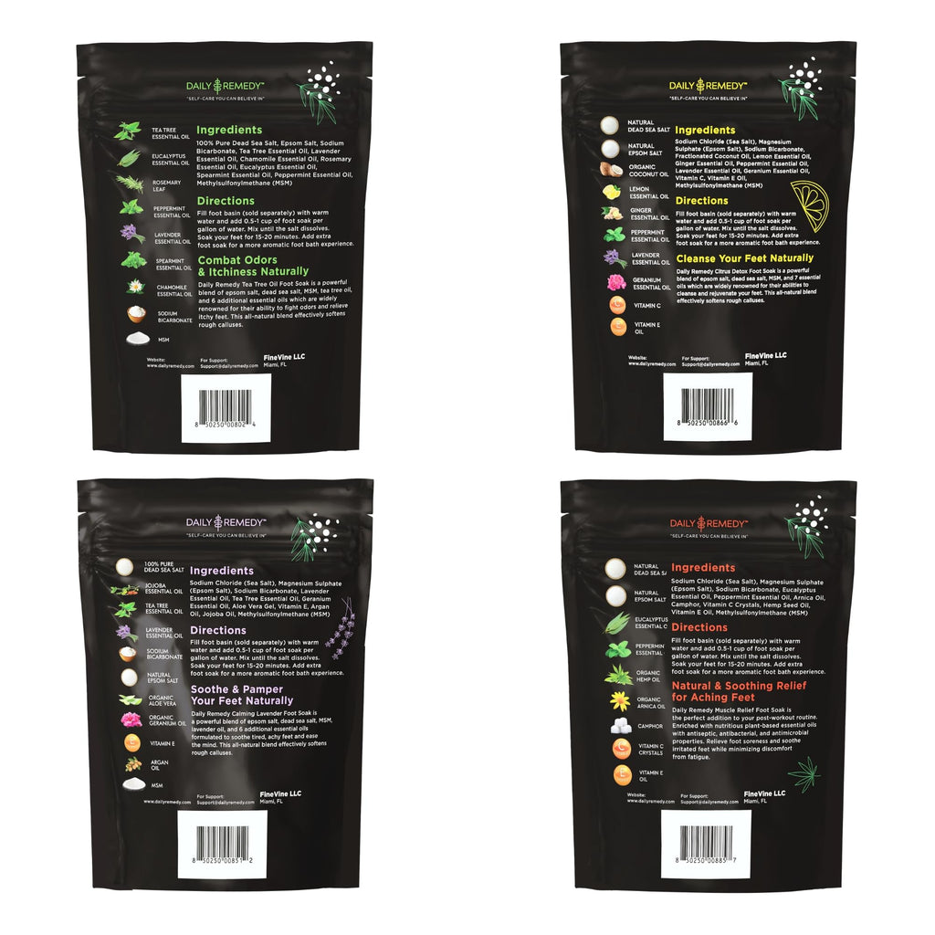 DAILY REMEDY Foot Soak Salts - 4-Pack Variety: Tea Tree, Muscle Relief, Lavender & Citrus | Made in USA