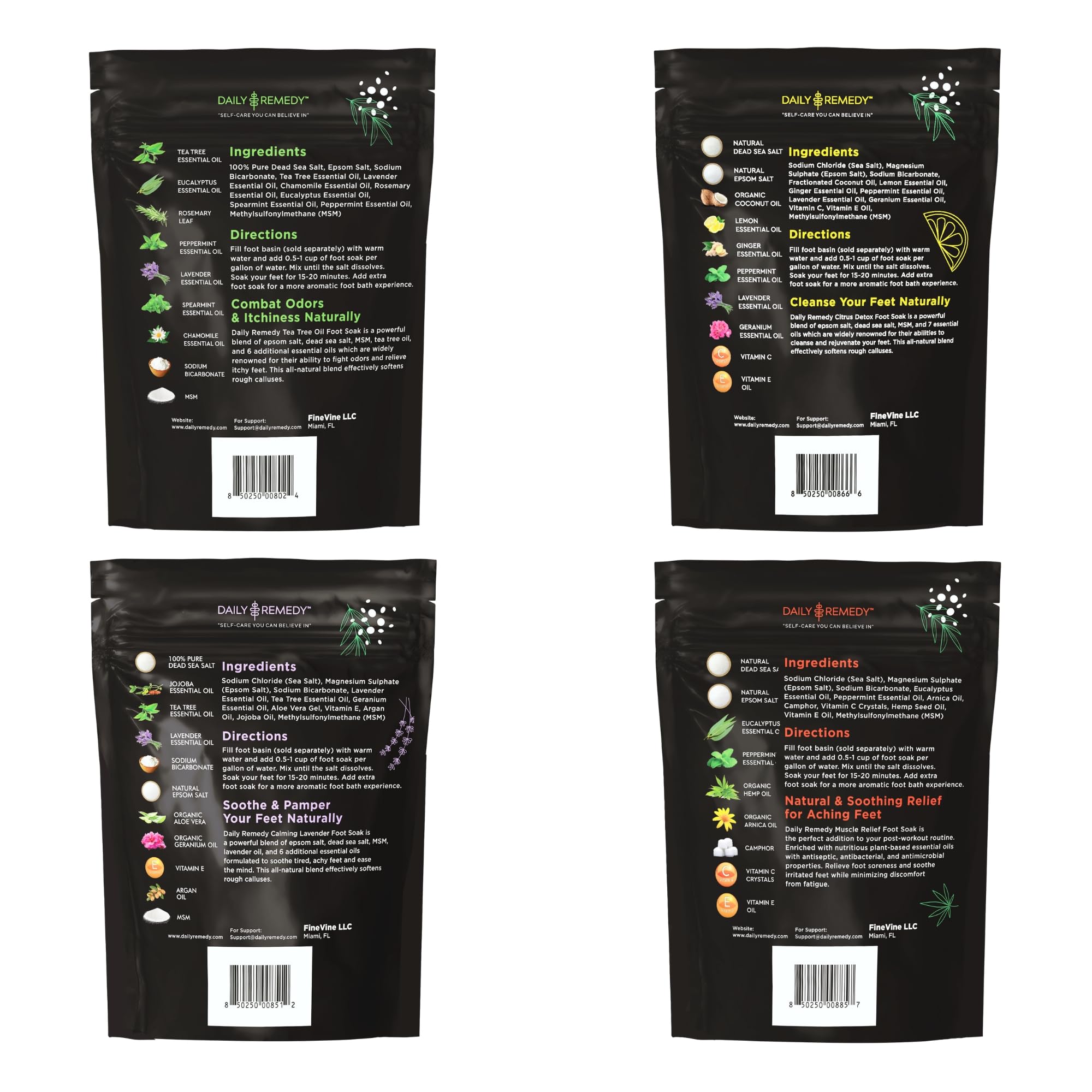 DAILY REMEDY Foot Soak Salts - 4-Pack Variety: Tea Tree, Muscle Relief, Lavender & Citrus | Made in USA