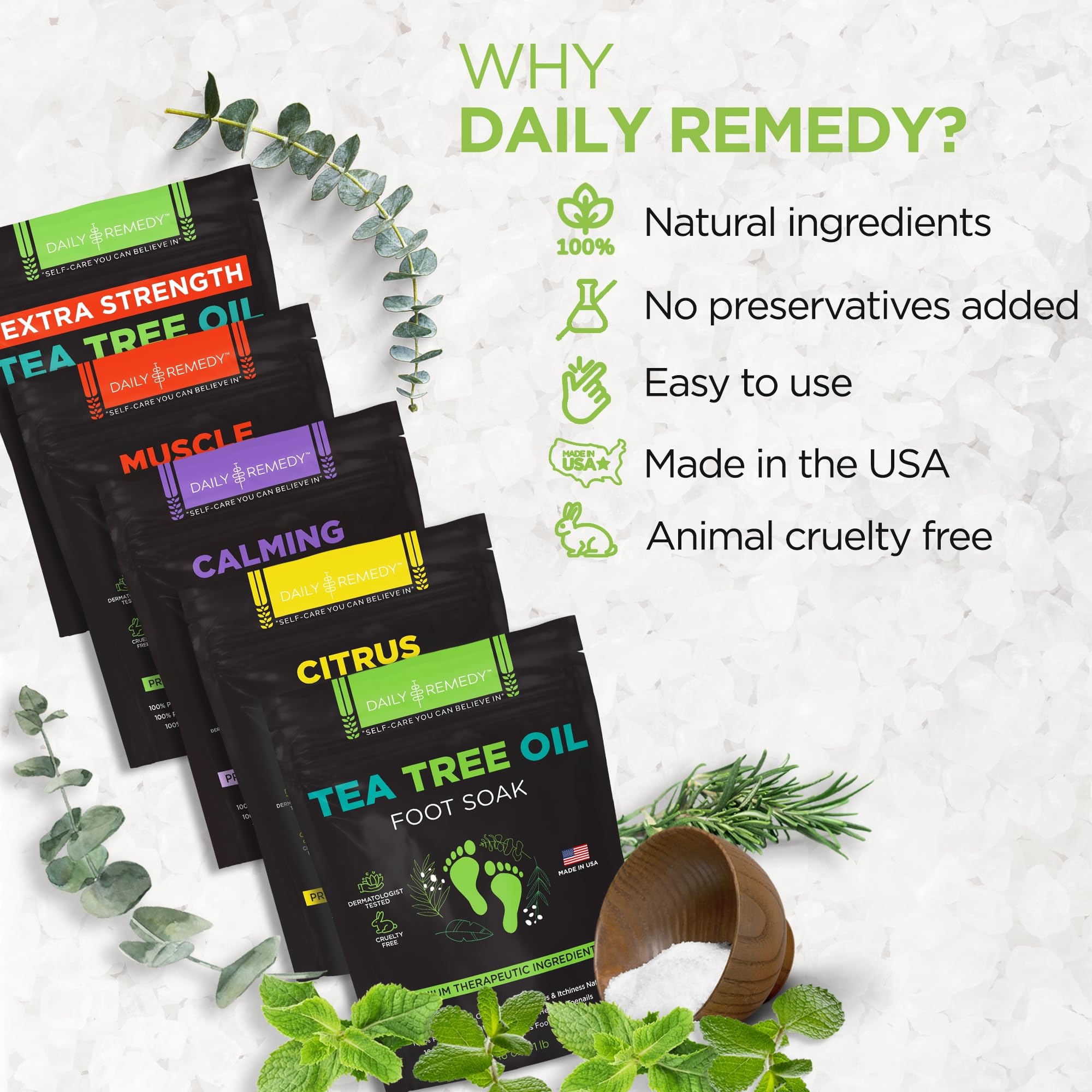 DAILY REMEDY Foot Soak Salts - 4-Pack Variety: Tea Tree, Muscle Relief, Lavender & Citrus | Made in USA