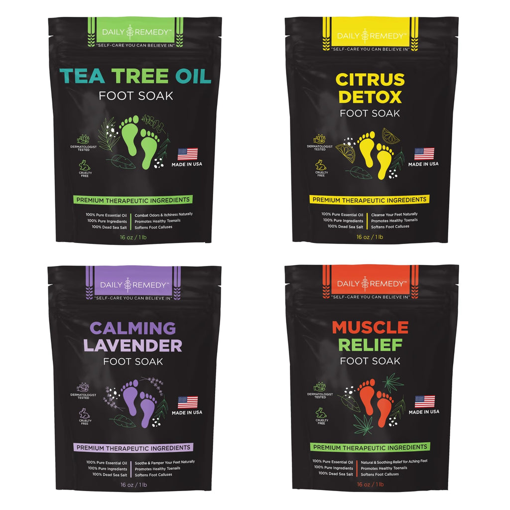 DAILY REMEDY Foot Soak Salts - 4-Pack Variety: Tea Tree, Muscle Relief, Lavender & Citrus | Made in USA