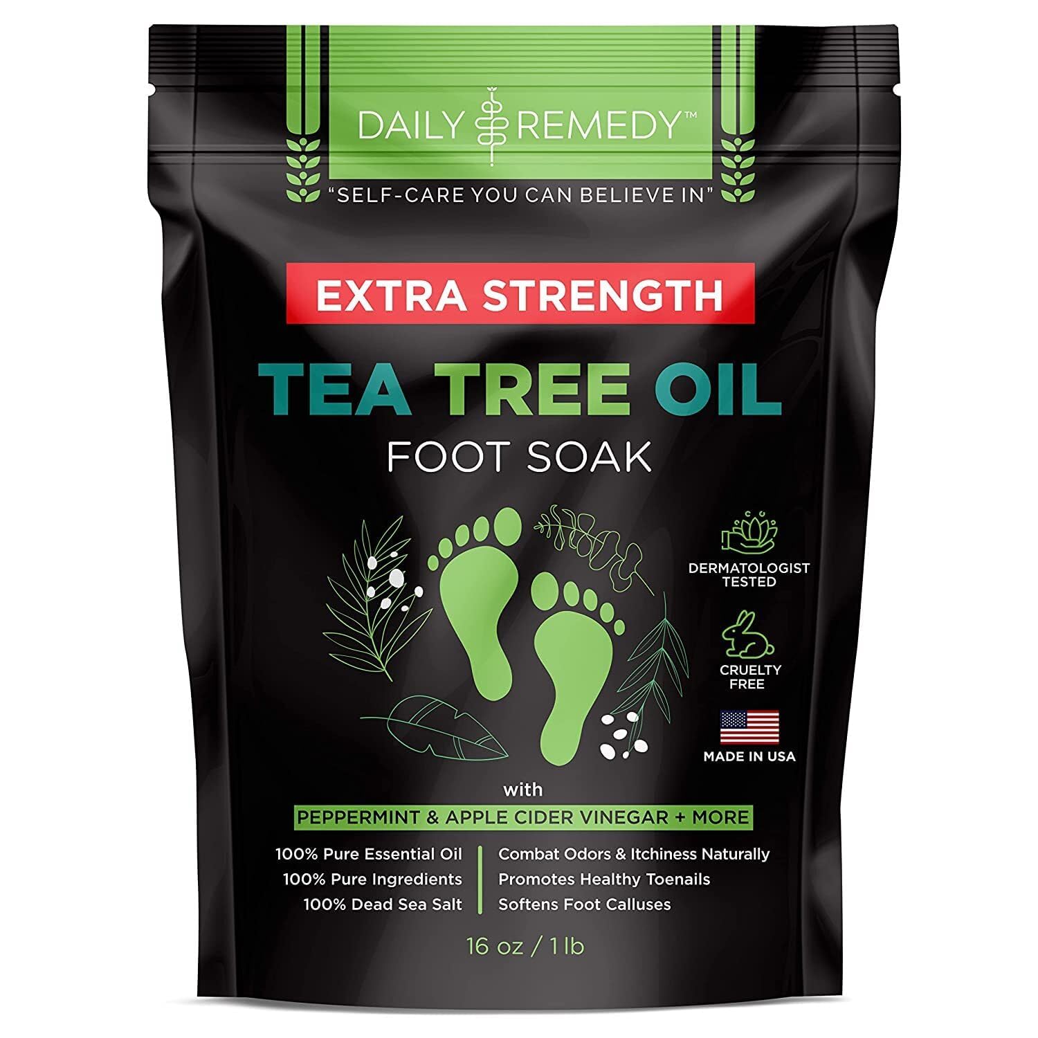DAILY REMEDY EXTRA STRENGTH Tea Tree Oil Foot Soak with Epsom Salt – Made in USA, 16 oz