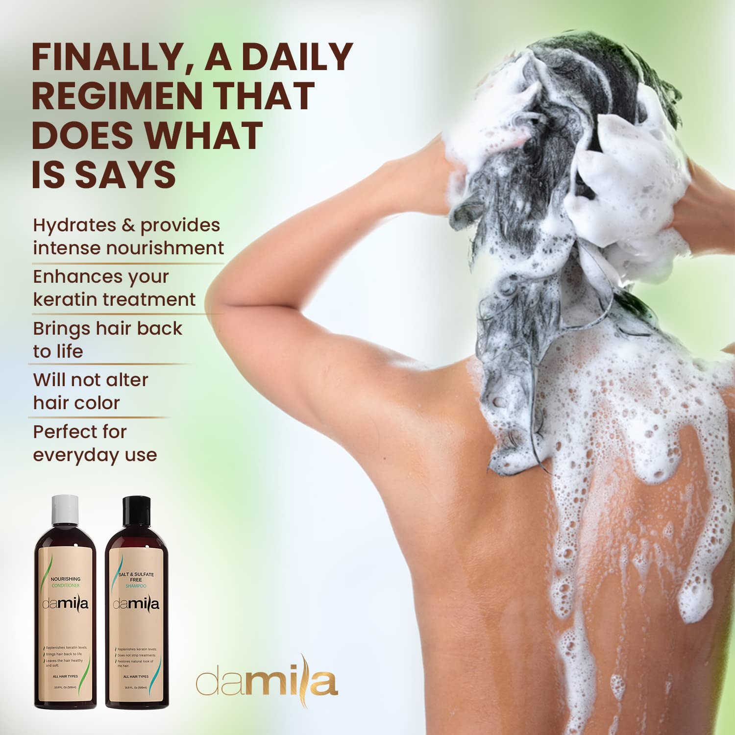 Damila Salt & Sulfate Free Shampoo & Conditioner for Keratin & Color-Treated Hair – 33.8 oz