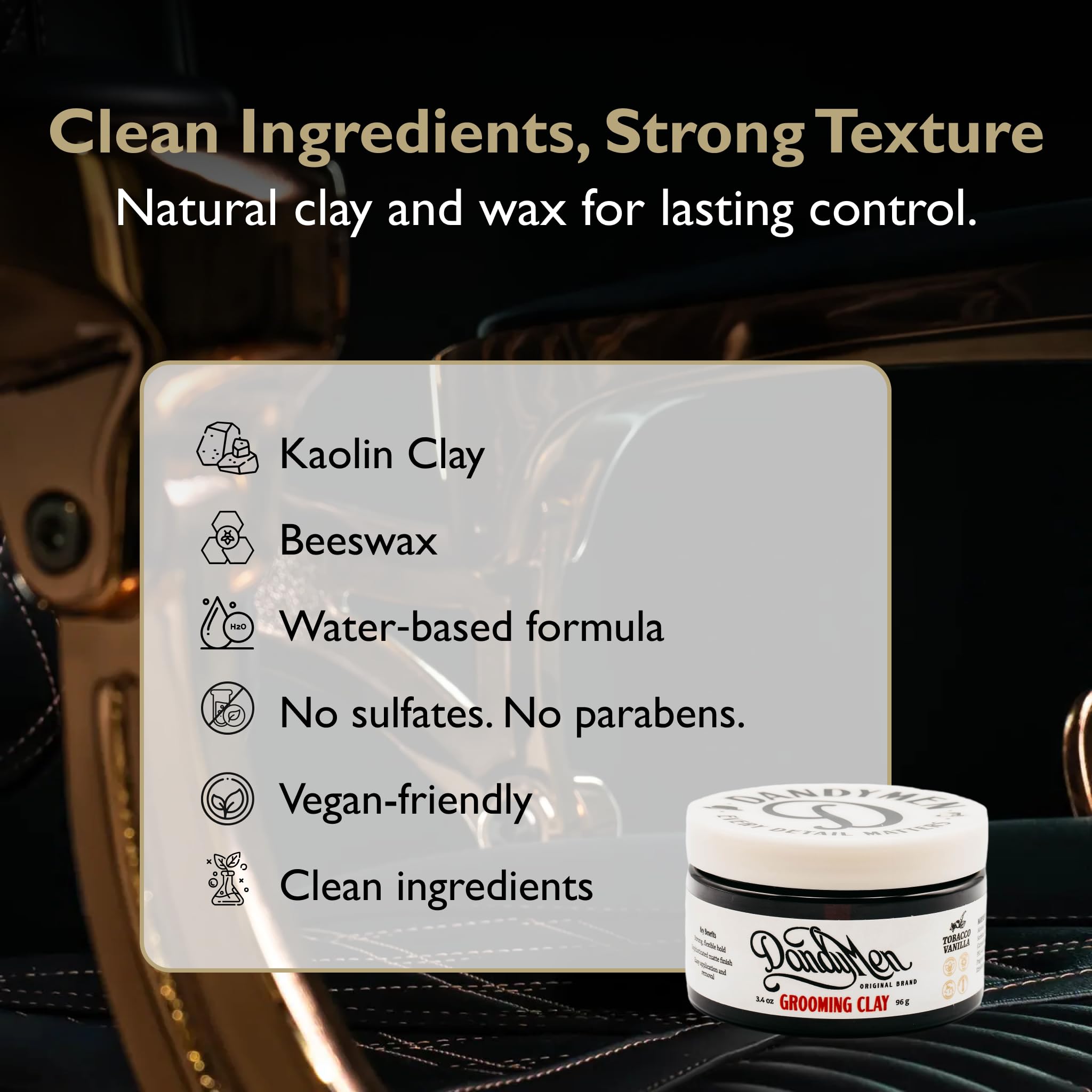 DandyMen Grooming Clay – Strong Hold, Natural Matte Finish, Kaolin Clay & Beeswax, Tobacco Vanilla Scent – 3.4 oz