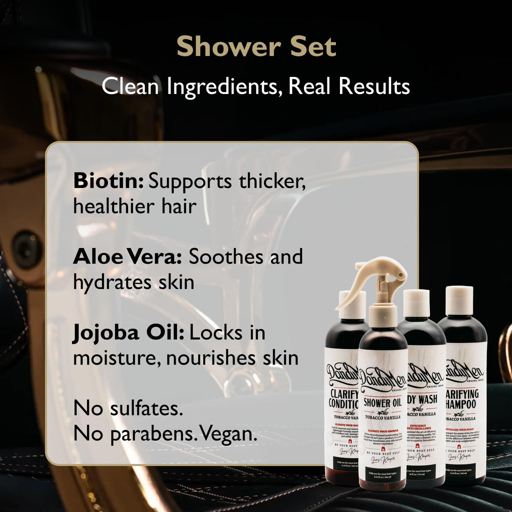 DandyMen Men’s Shower Set – Shampoo, Conditioner, Body Wash & Shower Oil (Tobacco Vanilla)