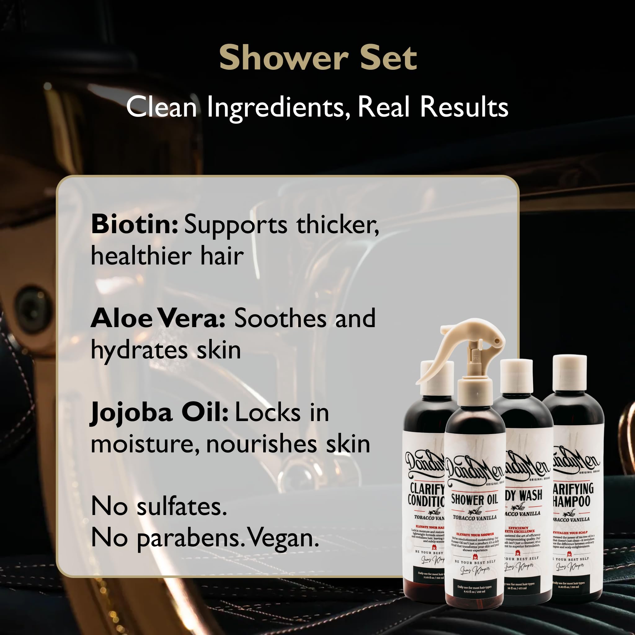 DandyMen Men’s Shower Set – Shampoo, Conditioner, Body Wash & Shower Oil (Tobacco Vanilla)