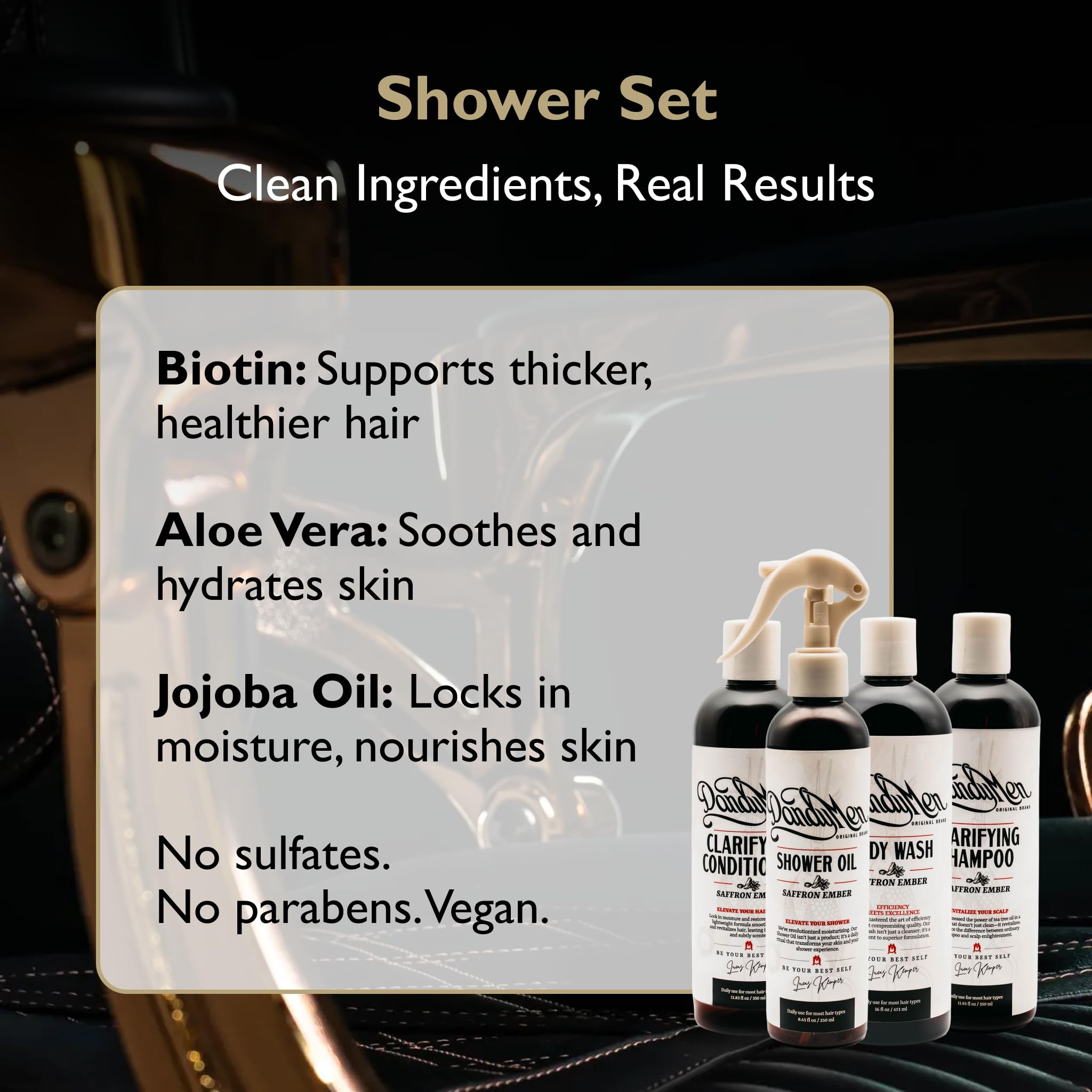 DandyMen Men’s Shower Set – Shampoo, Conditioner, Body Wash & Shower Oil | Saffron Ember