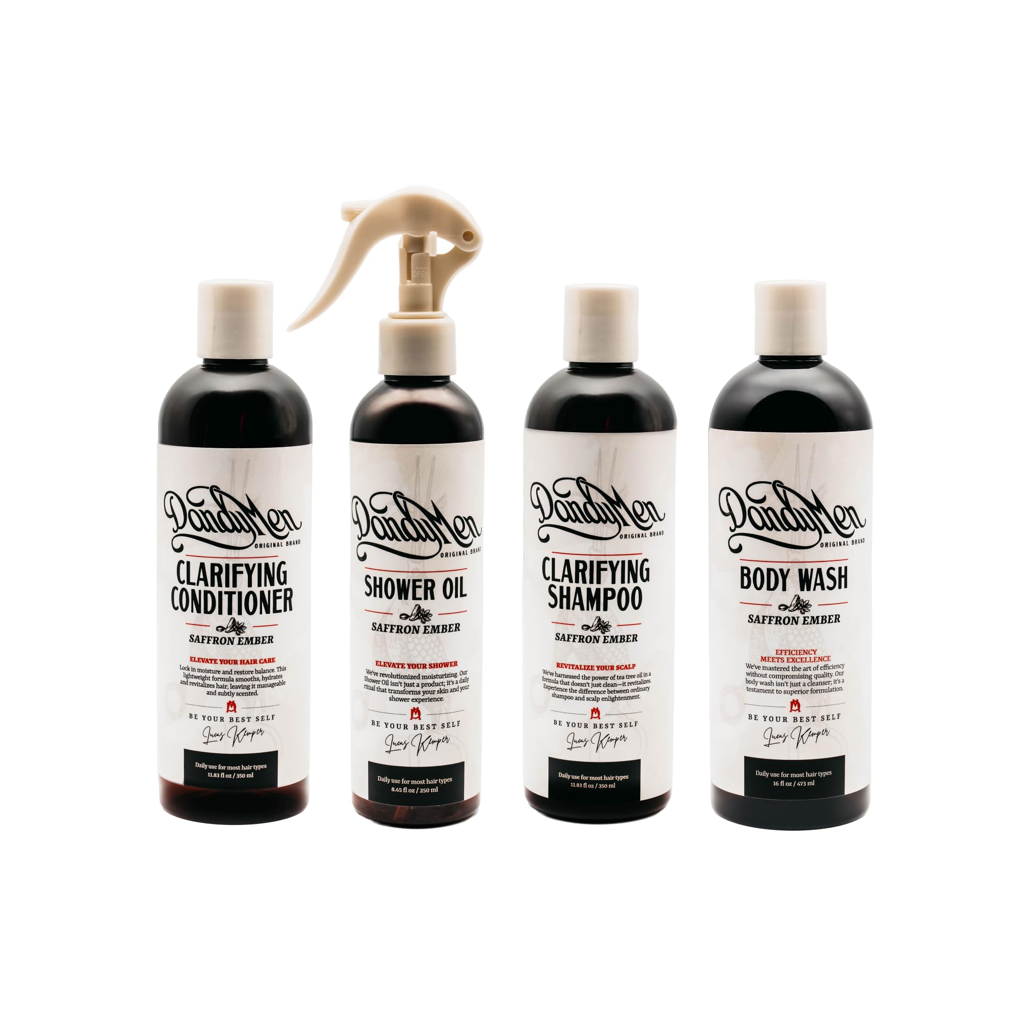 DandyMen Men’s Shower Set – Shampoo, Conditioner, Body Wash & Shower Oil | Saffron Ember