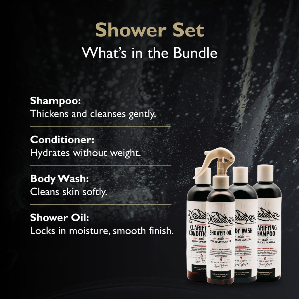 DandyMen Men’s Shower Set – Shampoo, Conditioner, Body Wash & Shower Oil (Tobacco Vanilla)