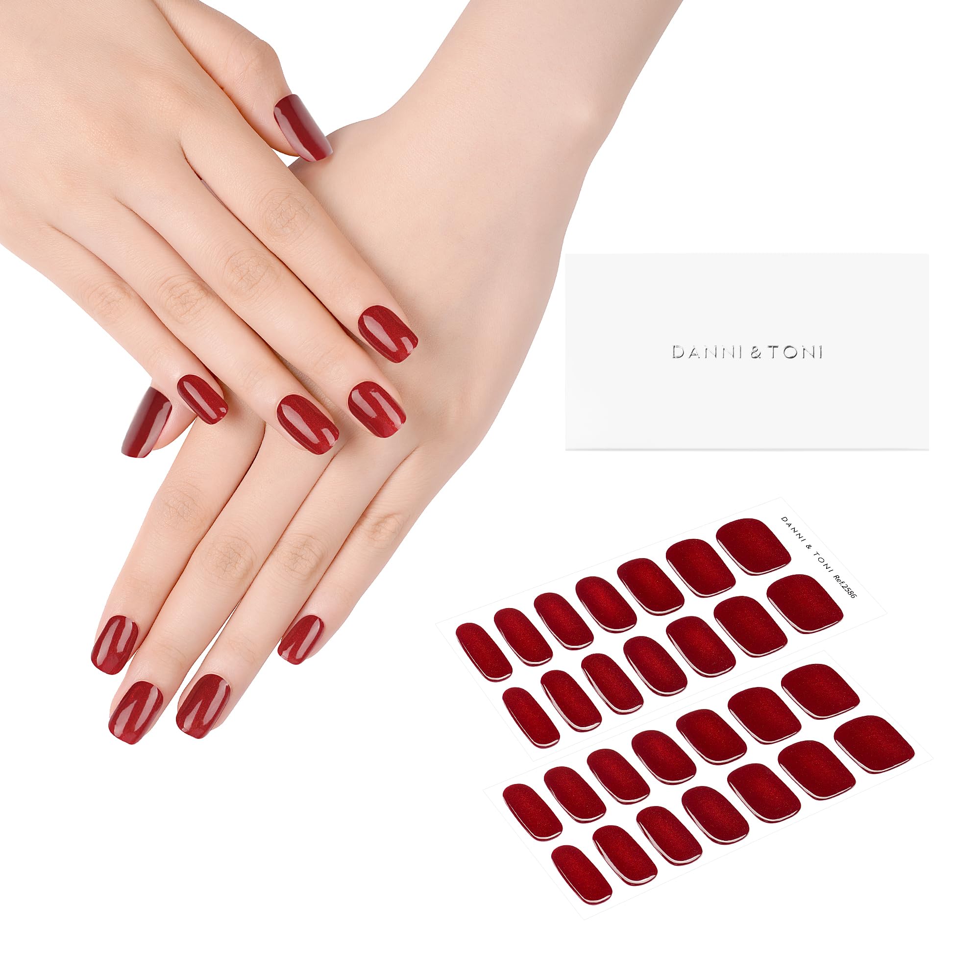 DANNI & TONI Semi Cured Gel Nail Strips Burgundy Garnet Gaze – Cat Eye Nail Stickers (28 Count)