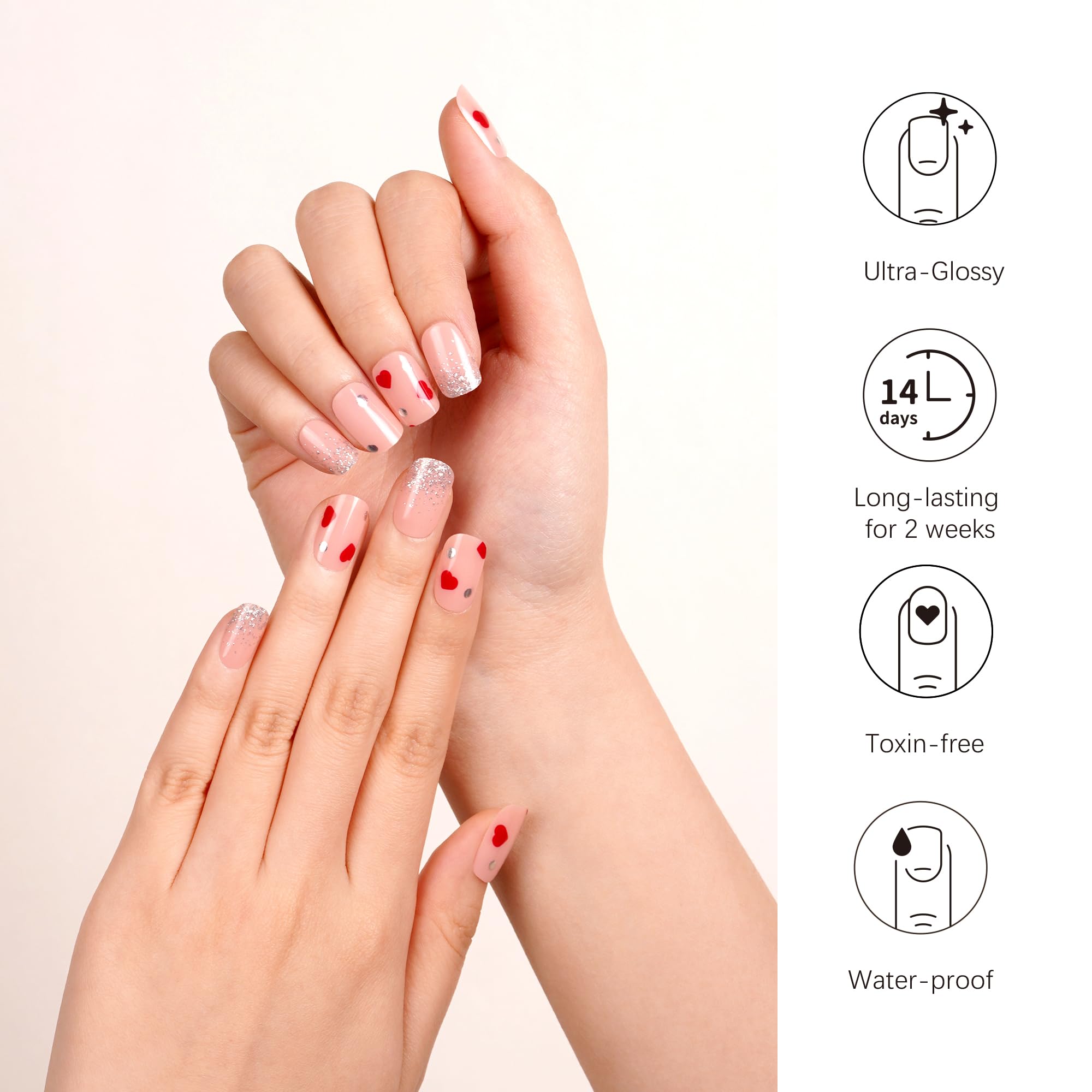 DANNI & TONI Heart Valentine Semi-Cured Gel Nail Strips – 28 Nail Wraps