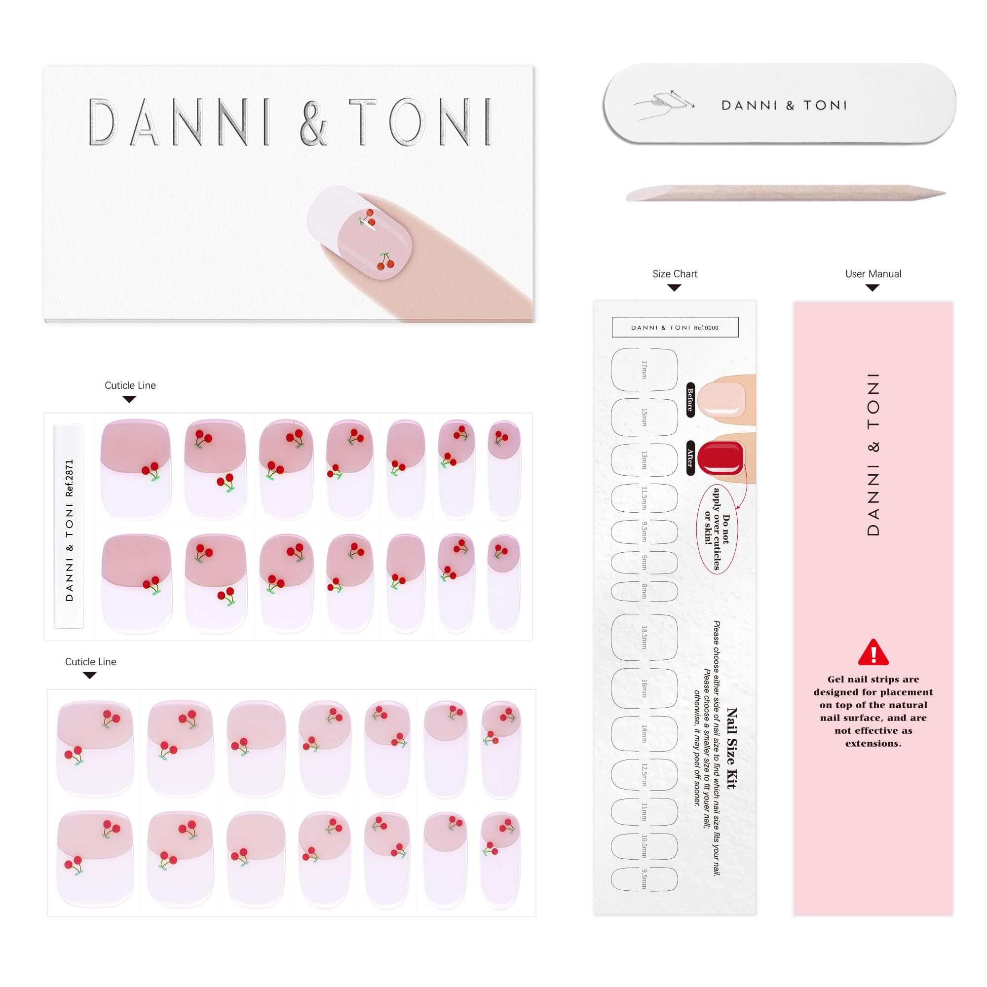 DANNI & TONI Semi-Cured Gel Nail Strips – Cherry White French Tips, 28 Stickers